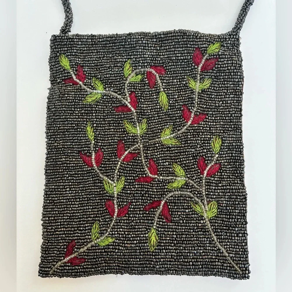 Vintage A Brod Floral Beaded Embroidered Small Shoulder Bag Purse Brown/Black